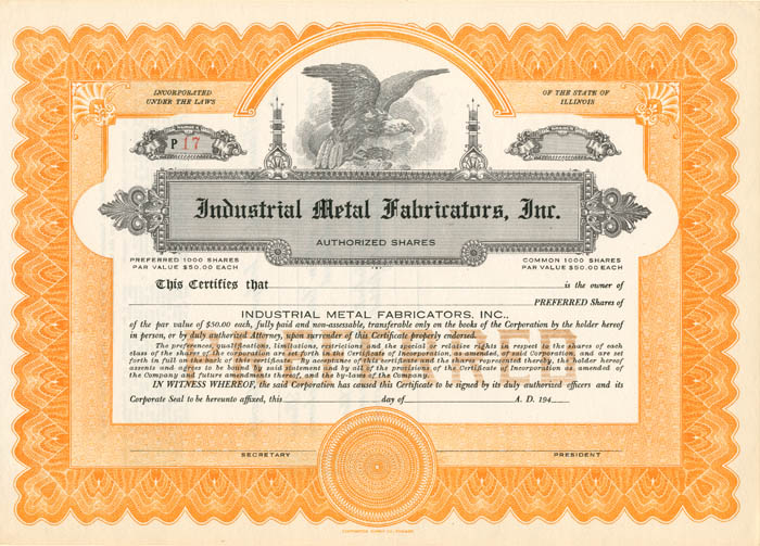 Industrial Metal Fabricators, Inc. - 1940's Unissued Stock Certificate